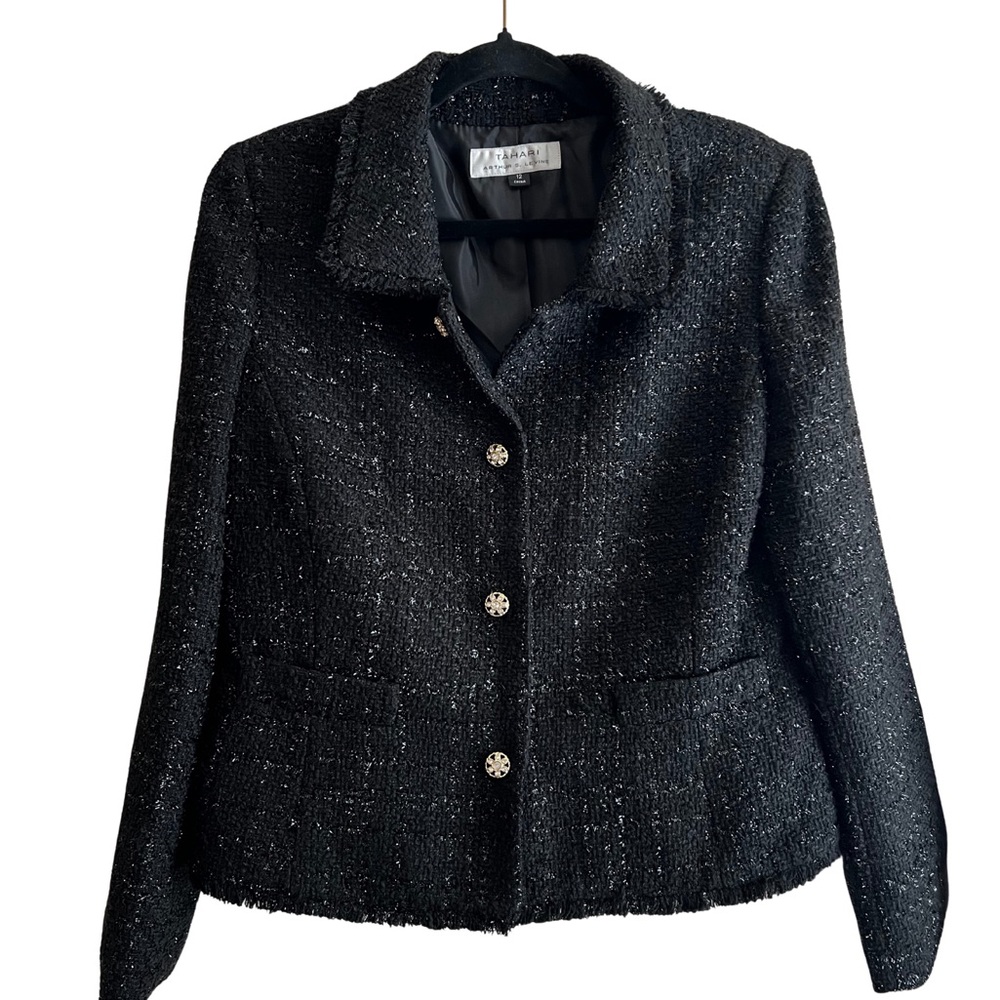Tahari Black Tweed Blazer and Skirt with Gold Button Accents